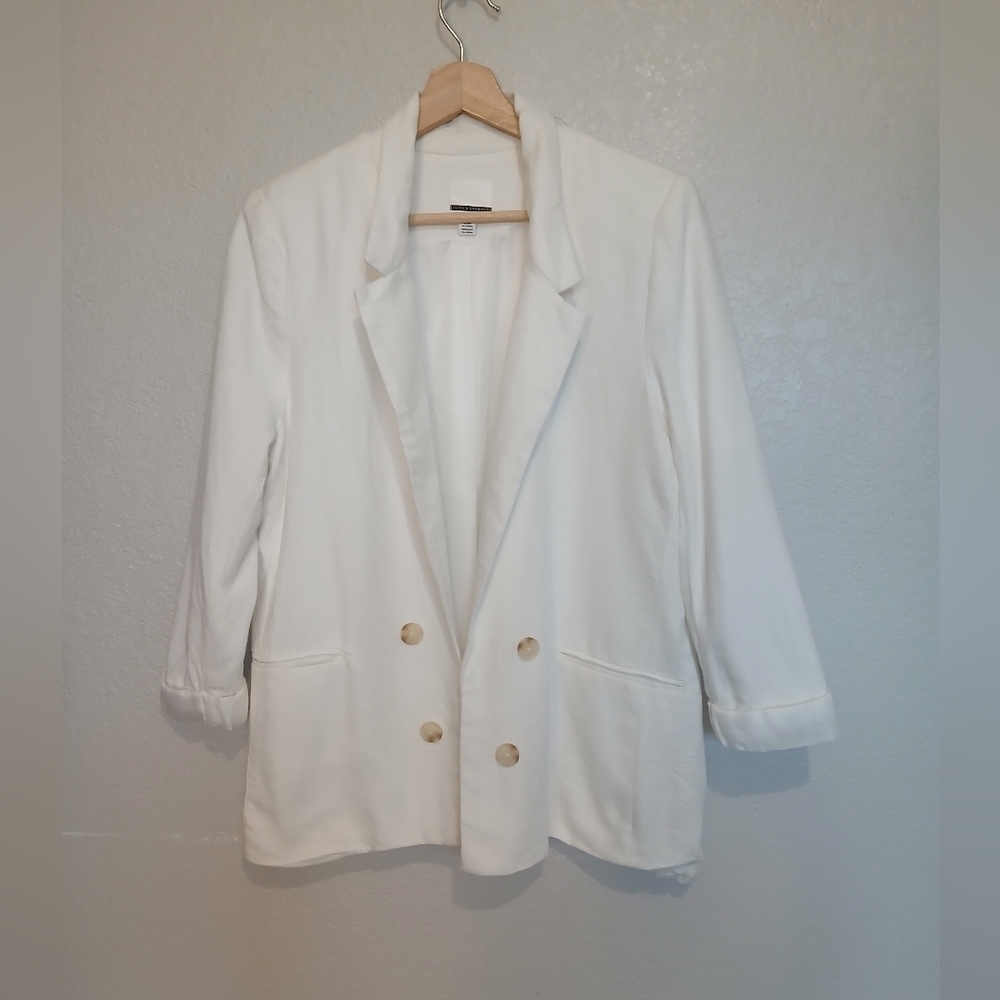 Jules & Leopold White Twill Linen Blend Double-Breasted Open Front Blazer Jacket